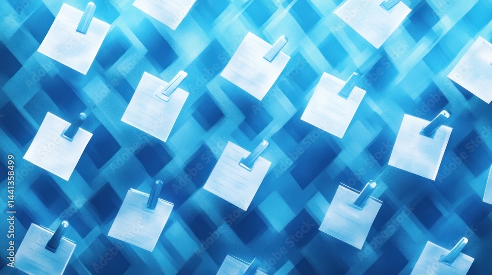 Poster abstract blue background with memo notes and clips