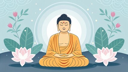 Serene Buddha Meditating Amidst Lotus Flowers and Peaceful Nature Illustration