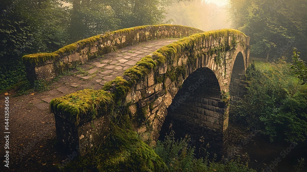 Poster captivating view of an ancient stone bridge covered in lush green moss set against a backdrop of nat