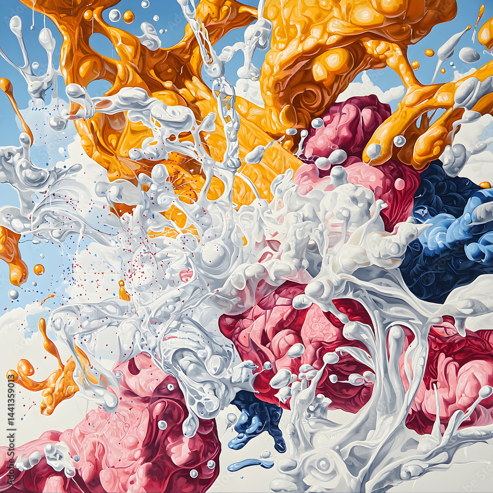 Poster abstract artwork exploding with vibrant colors and textures. it evokes energy motion and surreal bea