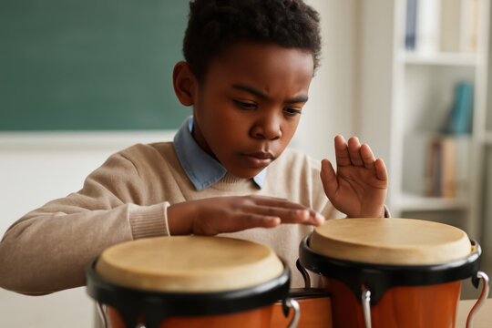 Focused young boy playing bongos in music class, concentrating on rhythm and technique