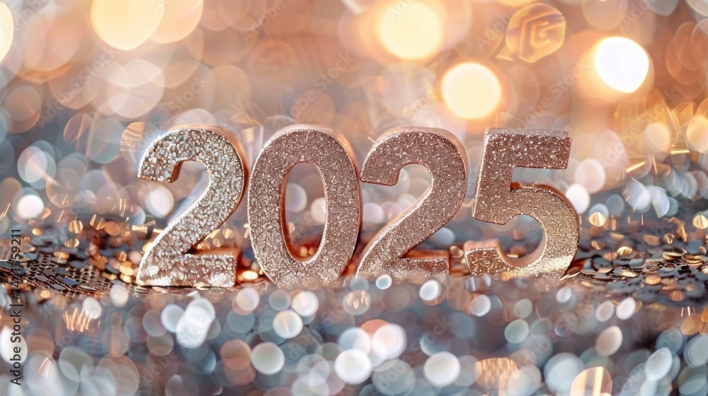 Aufkleber glittering numbers 2025 with sparkling gold and silver confetti on a shiny reflective surface, illum