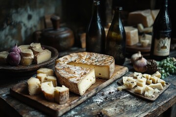 rustic still life of artisanal cheese selection on wooden board warm natural tones rich textures soft moody lighting 