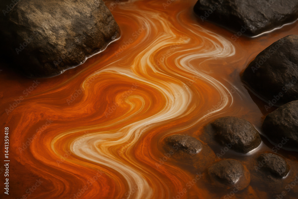 Poster abstract swirling patterns in rust colored water with dark rocks
