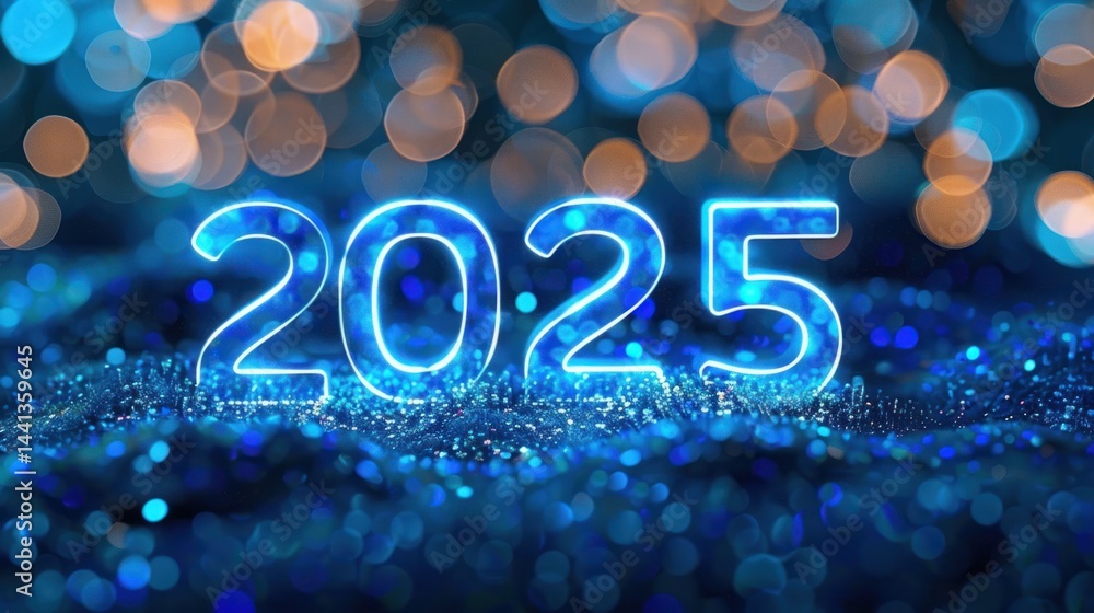 Poster glowing blue numbers 2025 with sparkling bokeh lights and shimmering particles creating a festive an