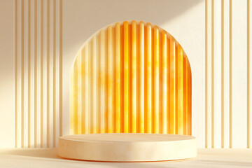 Minimalist 3d podium with vertical glowing orange lines and arch design for modern product display background