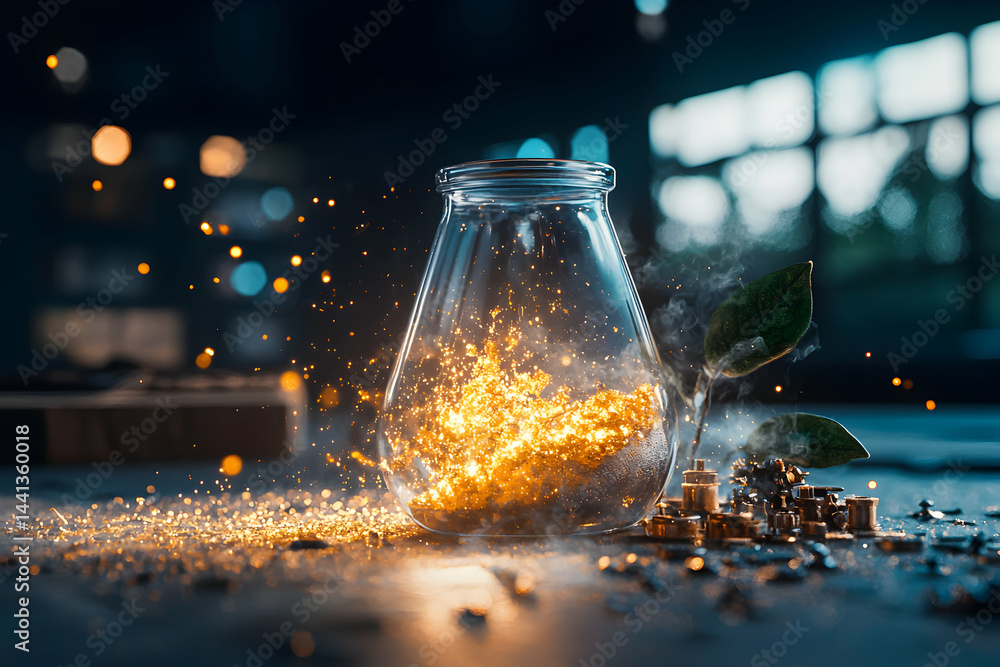 Poster a glowing glass container with golden particles suggests energy or transformation. could illustrate 