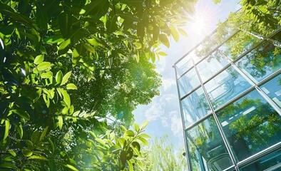 Bright sunlight shining through lush green foliage onto a modern glass building reflecting the sky and trees, evoking a fresh and vibrant outdoor atmosphere