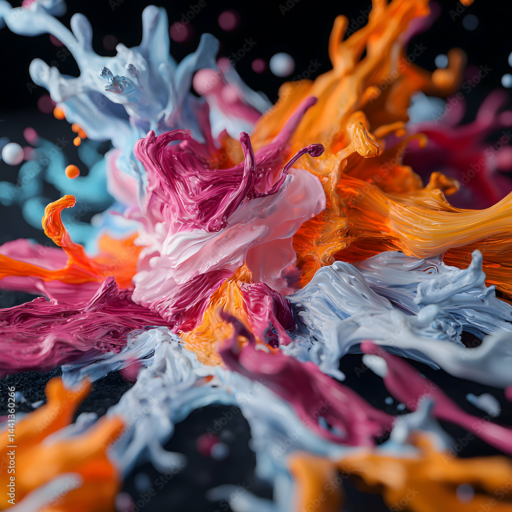 Poster abstract artwork featuring vibrant paint splashes. ideal for decorative prints or digital art projec