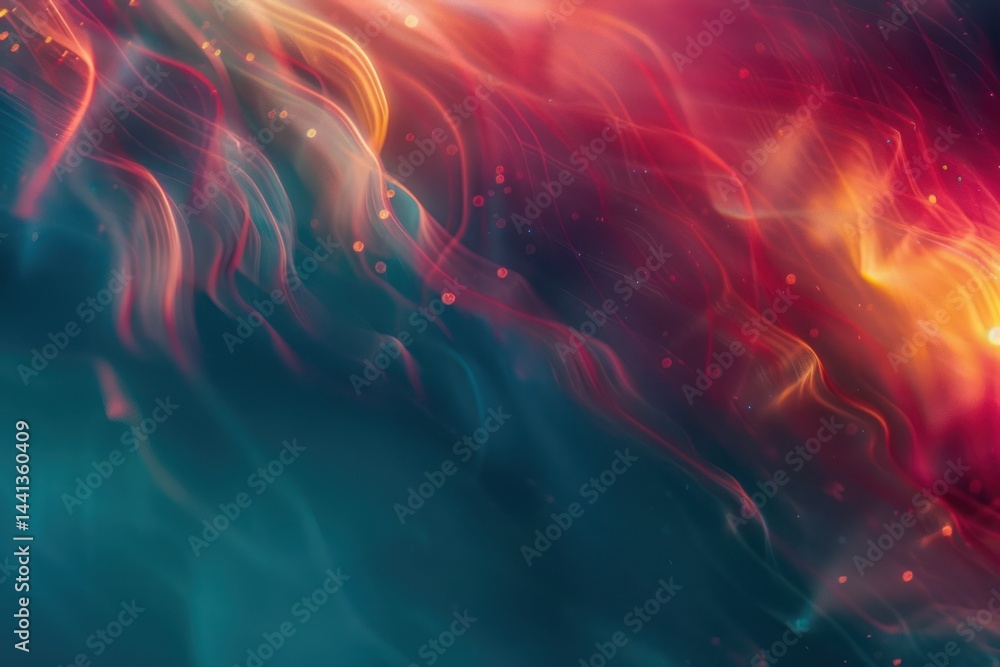 Poster abstract flowing light trails blending warm orange and red hues with cool blue and teal shades creat