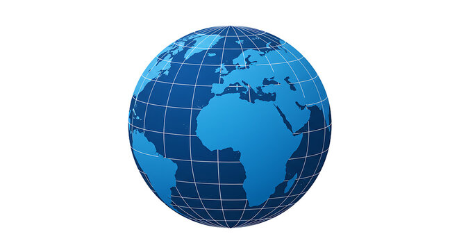 A blue globe with white grid lines on a black background showing africa and europe continents