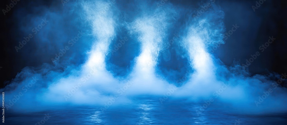 Poster ethereal illuminated fog cascading on reflective surface, fantasy environment