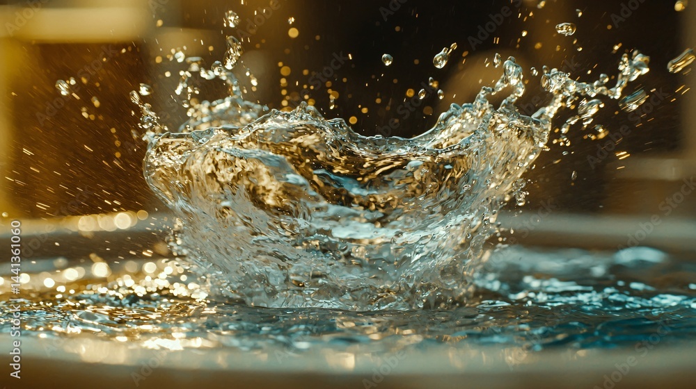 Poster captivating artistic shot of a dynamic water splash creating beautiful patterns against a glossy sur