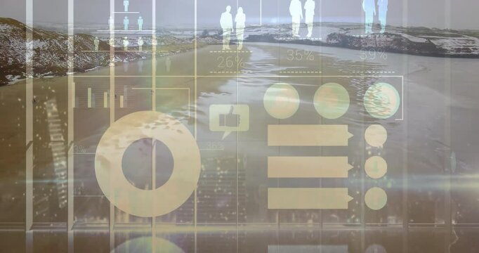 Donut chart floating over winter beach, showing data bars and icons in translucent data overlay