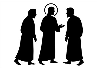 Vector illustration of silhouettes depicting Jesus and the two disciples on the road to Emmaus. Disciples on the road to Emmaus. Jesus Christ and his disciples in black
