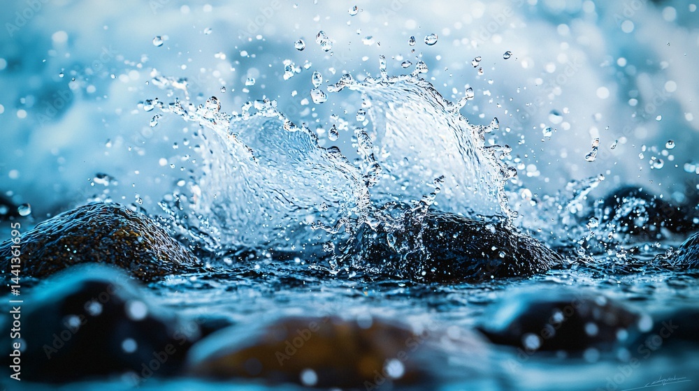 Poster dynamic artistic shot of water splashing against rocks capturing the motion and energy of nature in 