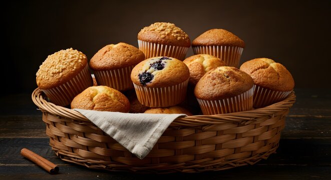 A wicker basket overflowing with an assortment of freshly baked muffins on a dark wooden surface