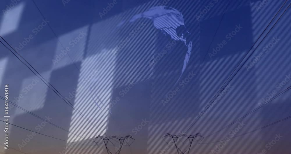 Poster high-voltage towers framing twilight skyline, displaying digital globe overlay with mesh grid lines