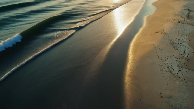 Serene beach scene with gentle waves lapping at shore, reflecting sunlight on waters surface, creating tranquil atmosphere of peace and natures beauty.