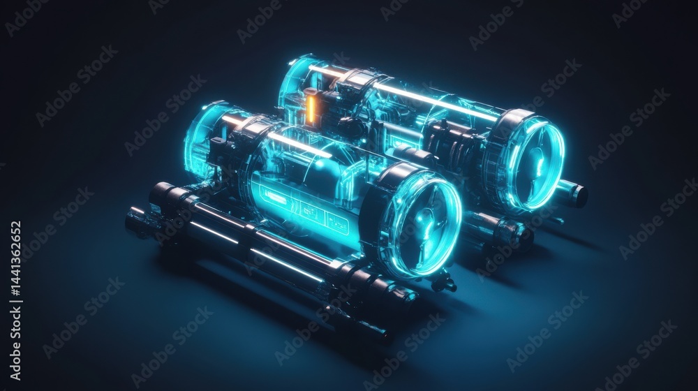 Poster futuristic energy source concept with glowing tubes and high-tech design elements