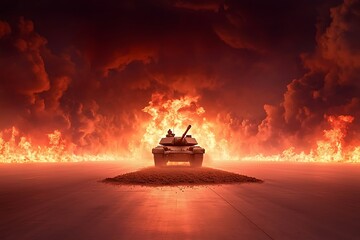 Tank in fiery sky