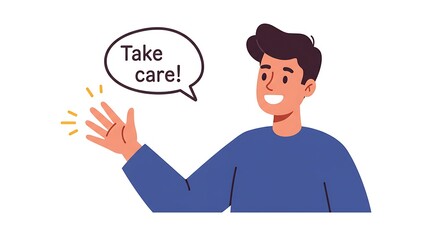 Man Waving Hand Saying Take Care in a Speech Bubble