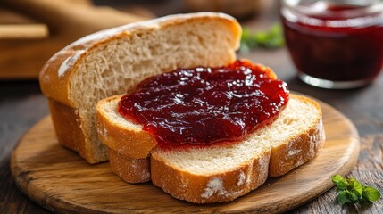 Artisan bread with vibrant ruby red jam, a delightful morning treat still life