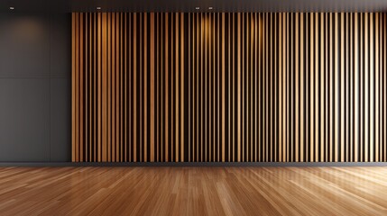 Modern interior featuring wooden slat wall design and polished floor in a minimalist setting