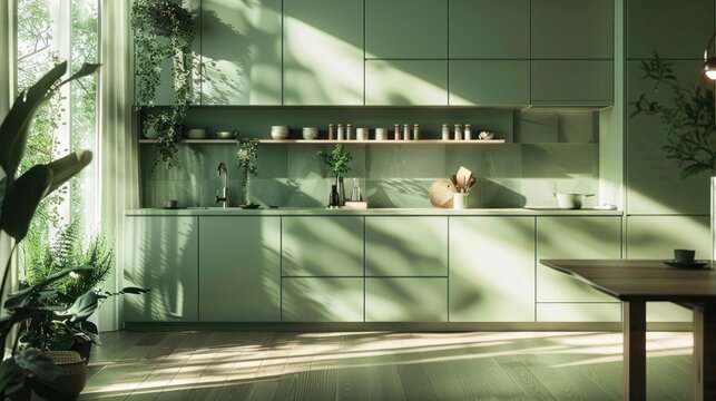 modern kitchen interior with soft green cabinetry, wooden countertop, hanging and potted plants, natural light casting shadows creating a peaceful and fresh atmosphere