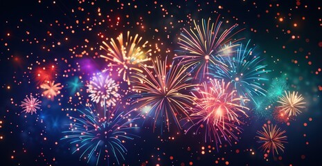 Colorful fireworks exploding against a dark night sky creating a festive and celebratory atmosphere with bright bursts of light and scattered glowing sparks