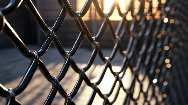 Abstract chain link fence with warm sunlight creating a textured and secure background