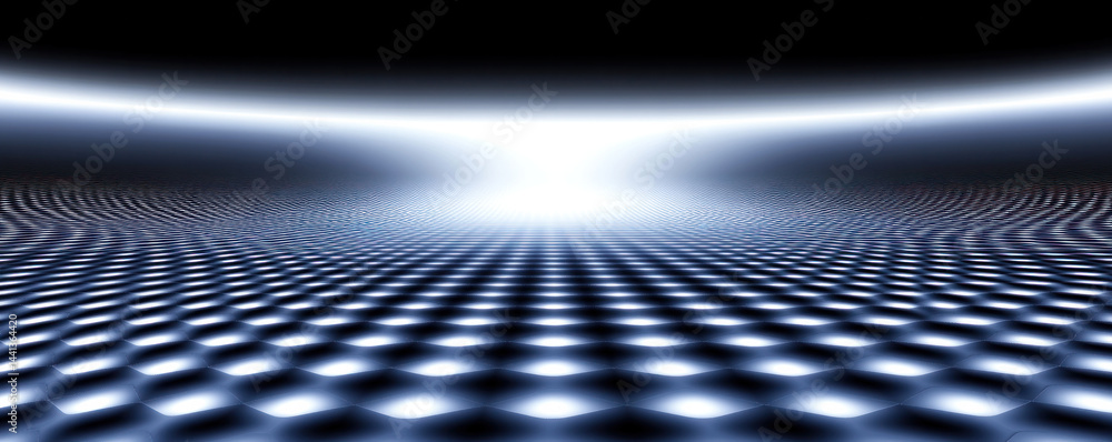 Poster a large, empty space with a bright light shining down on it. the light is so bright that it almost s