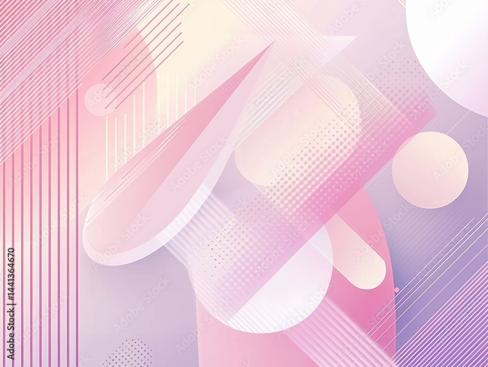 Poster soft pastel abstract composition with overlapping translucent geometric shapes and delicate linear p