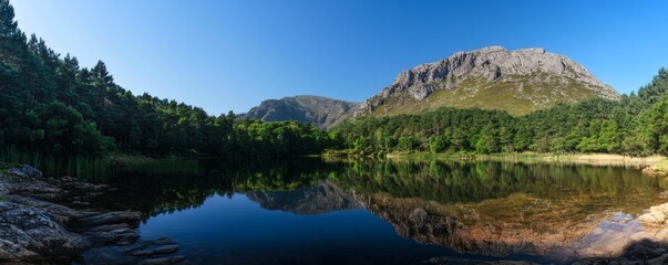 Serene mountain lake reflecting a vibrant landscape.