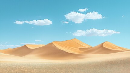 Serene Minimalist Desert Landscape with Soft Sand Dunes and Clear Blue Sky Under Gentle White Clouds