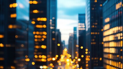 Blurred cityscape at dusk showcasing illuminated buildings and traffic lights in motion