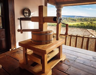 A wooden cheese press in a traditional countryside home