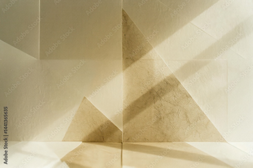 Poster minimalist geometric composition of overlapping beige and light brown translucent triangles casting 