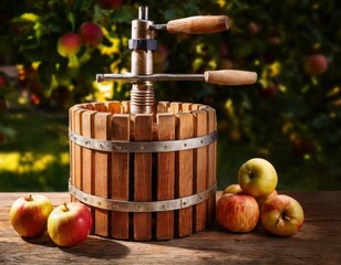 A wooden cider press with fresh apples beside it