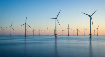 Wind turbines in the ocean at sunset: Tall white structures against a fiery sky, reflecting on the water, harnessing renewable energy.