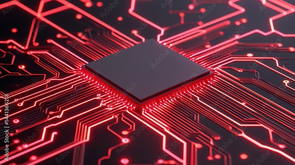 Poster a microchip on a motherboard with glowing red circuits illustrating advanced technology and digital 