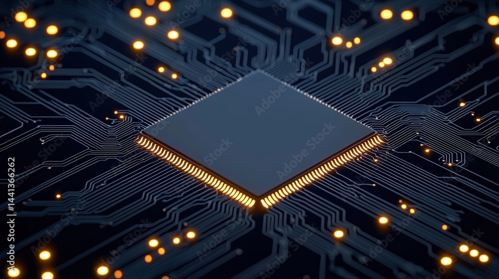 Poster a microchip on a circuit board with glowing connections, symbolizing advanced technology and digital