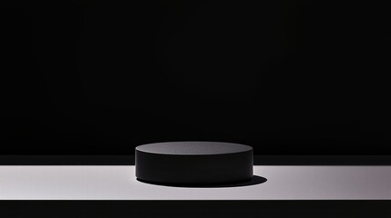 A single black hockey puck sits on a white surface against a dark background, illuminated by focused lighting.