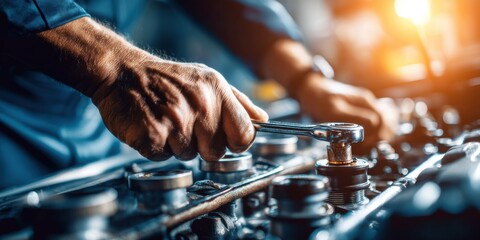 Naklejka premium Skilled mechanic working on engine assembly in a workshop during evening hours