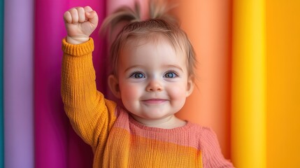 Smiling baby with raised fist against a colorful striped background.