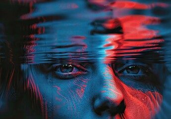 close-up of a human face partly submerged in water with glowing blue and red light reflections creating a surreal and introspective atmosphere