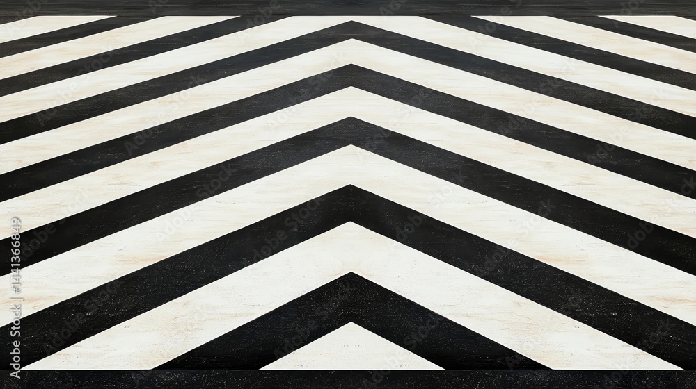 Poster a under 200 characters: black and white chevron pattern painted on a surface, creating a bold geomet