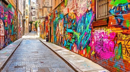 Naklejka premium Colorful graffiti art adorns a narrow urban alleyway.
