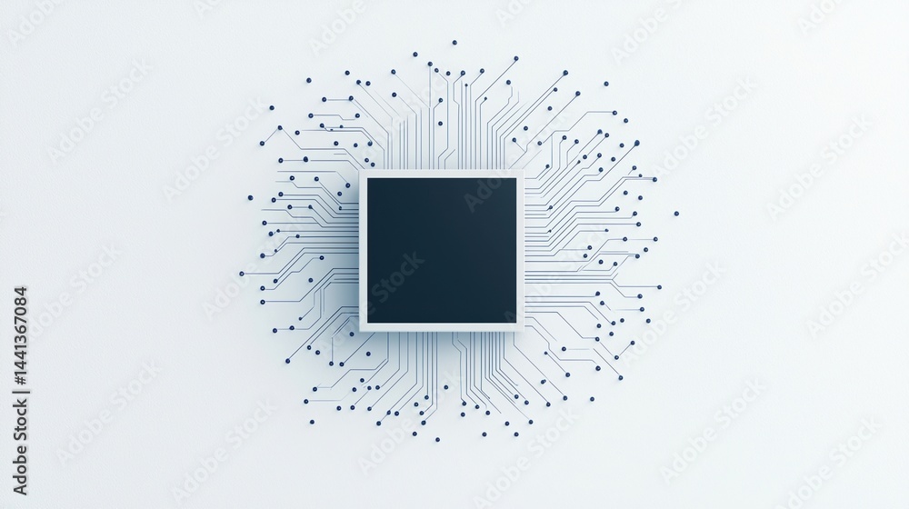 Poster a central microchip with intricate circuit lines radiating outward, symbolizing technology and conne