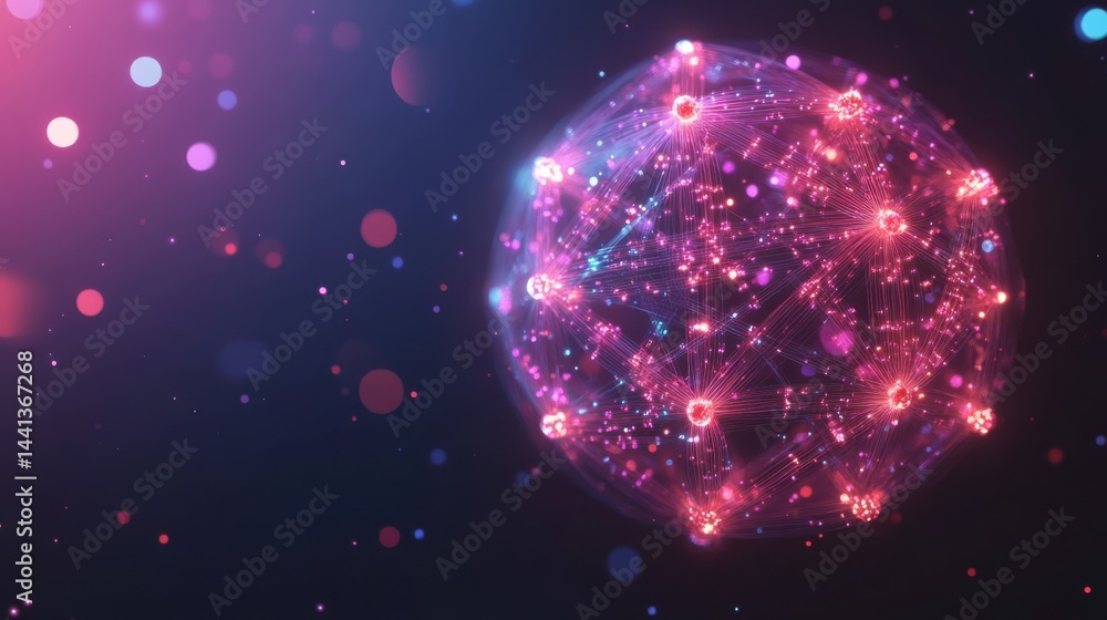 Poster abstract digital sphere with glowing particles and connected nodes on dark background